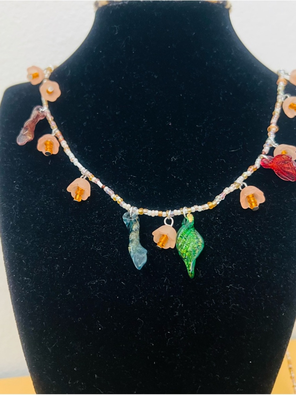 Multicolor flowers boho Glass Pendant Beaded Necklace 34.” Long